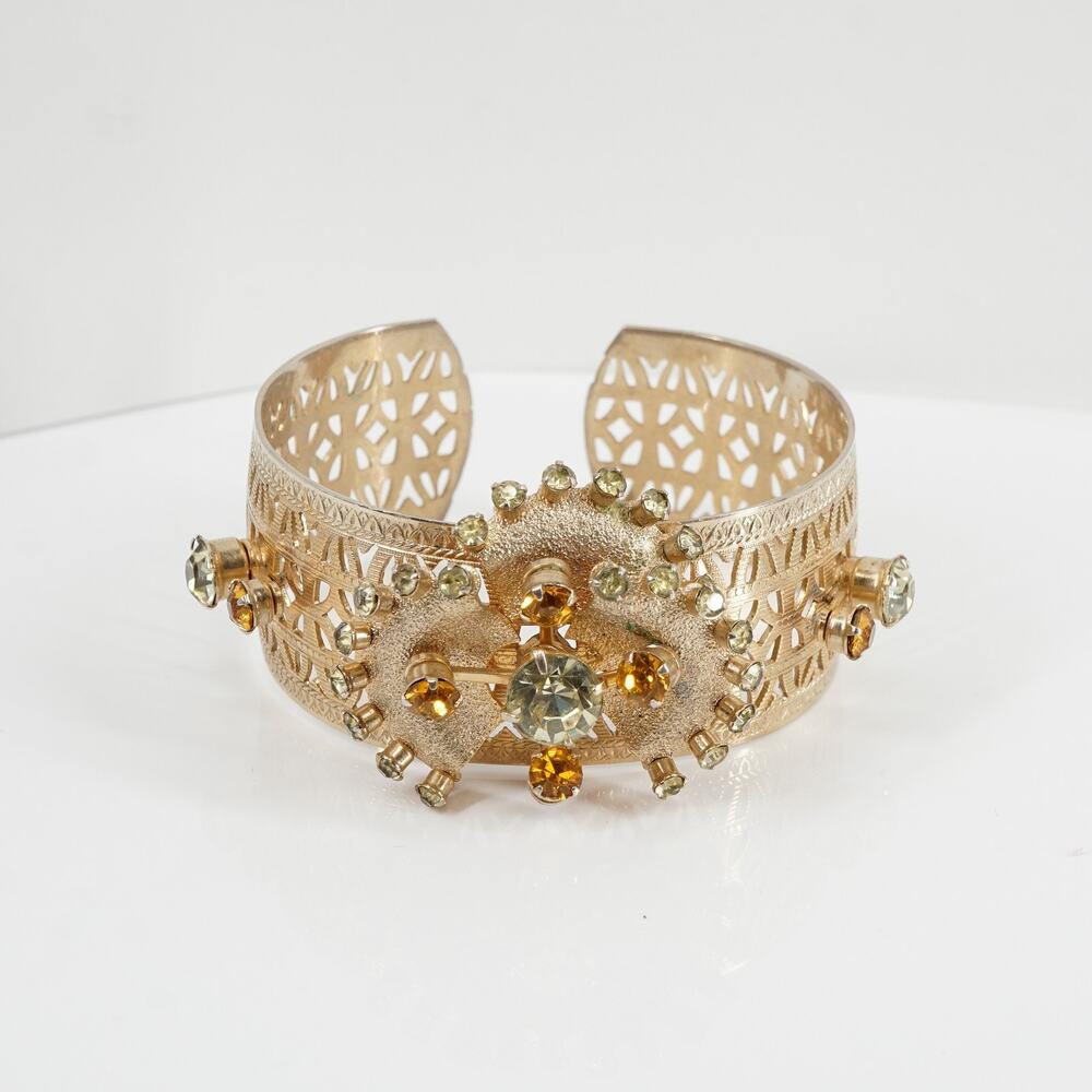 Vintage Filigree Rhinestone Wide Cuff Bracelet Size 6 Openwork Gold-Tone Retro